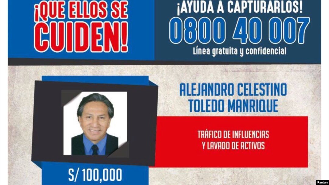 An international arrest warrant issued by Peru's Interior Ministry, offering 100,000 Peruvian soles ($31,000) for information on the whereabouts of former president Alejandro Toledo, is seen in Lima, Peru. (Peruvian Police/Handout)