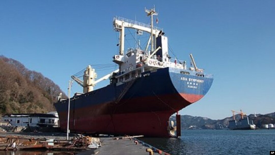 The 6,000-ton 'Asia Symphony' was washed onto the Kamaishi docks by the tsunami