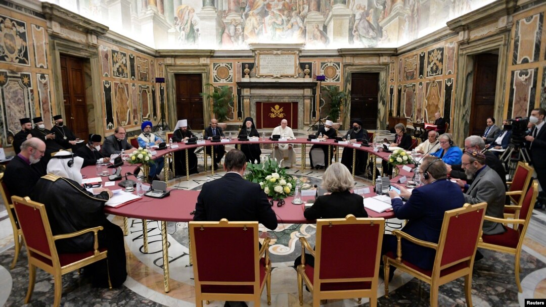 Pope Francis and other religious leaders attend the Global Compact on Education meeting on UNESCO’s World Teachers' Day at the Vatican, Oct. 5, 2021. 