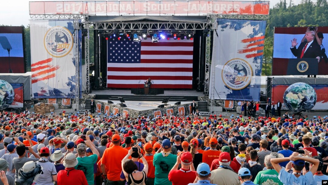 President Donald Trump waves to the crowd of scouts at the 2017 National Boy Scout Jamboree at the Summit in Glen Jean, West Virginia, July 24, 2017.