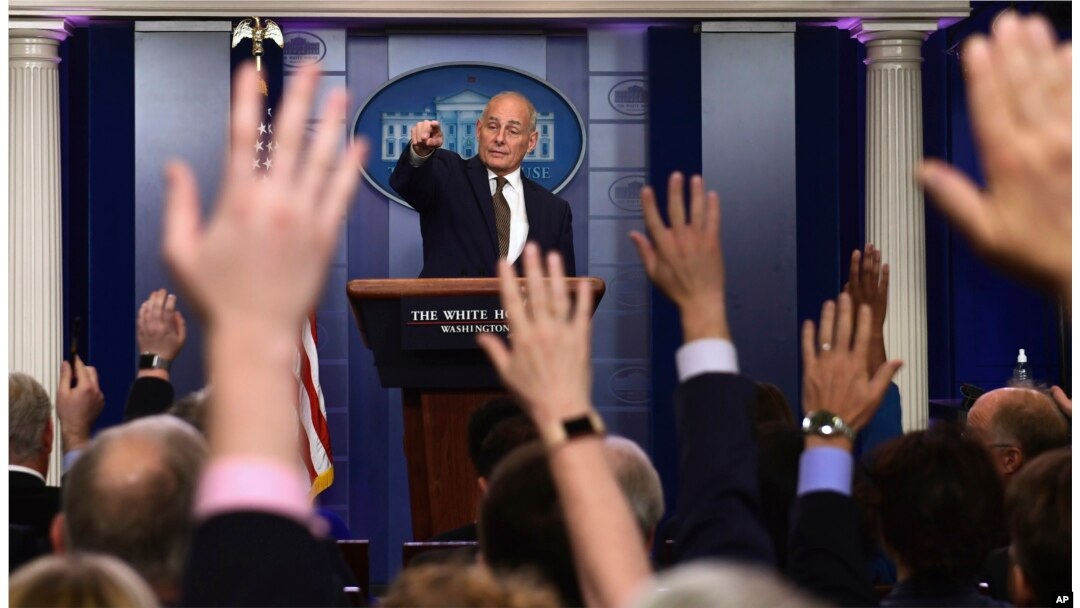 White House Chief of Staff John Kelly calls on a reporter during the daily briefing at the White House in Washington, Oct. 12, 2017.