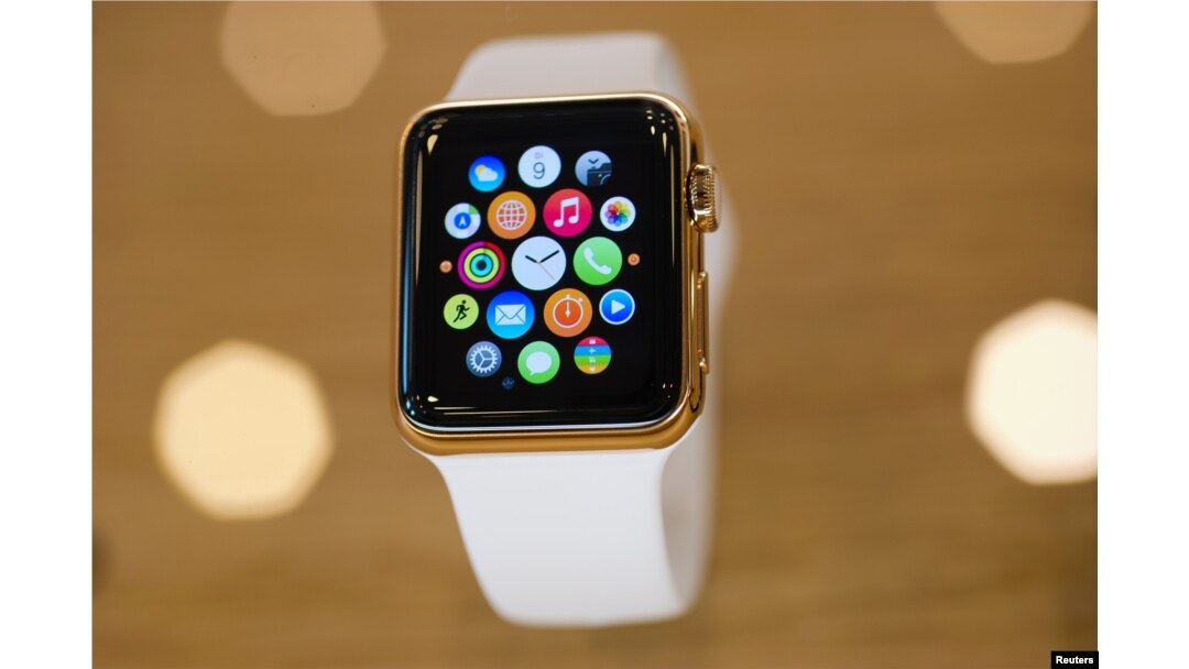 A gold plated Apple Watch is seen at an Apple Store in Berlin, April 10, 2015.