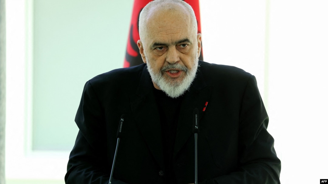 FILE - Albania's Prime Minister Edi Rama speaks at a press conference at the port of Shengjin, some 60 km northwest of Tirana, Albania, June 5, 2024. 