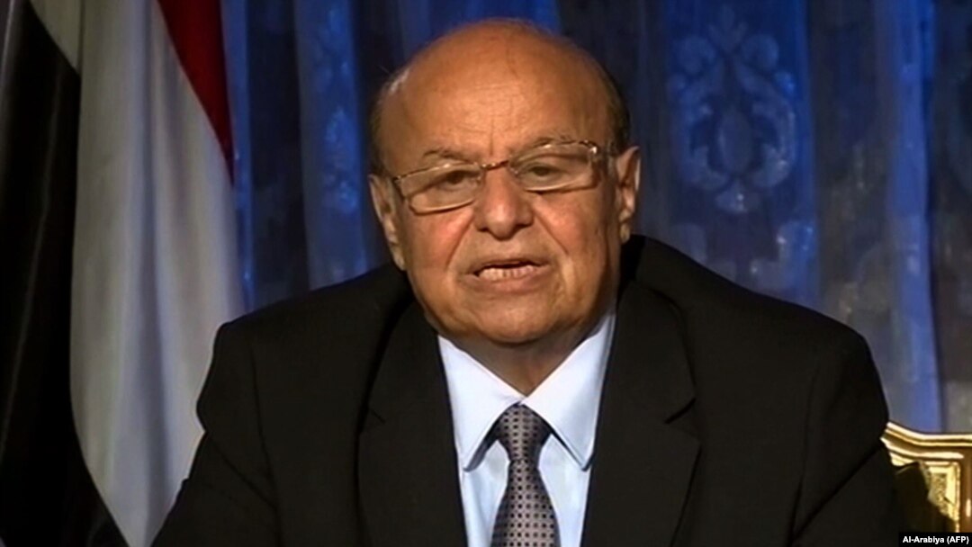 An image from Dubai-based Al-Arabiya satellite television shows Yemen's exiled President Abd-Rabbu Mansour Hadi in a televised speech from the Saudi capital, Riyadh, April 21, 2015. 