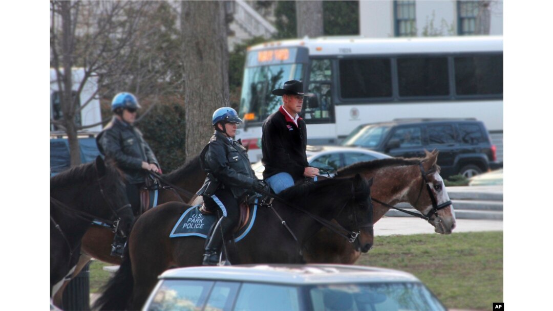 Interior Secretary Ryan Zinke arriving for his first day of work at the Interior Department in Washington, March 2, 2017, aboard 17-year-old Tonto.