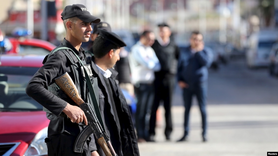 Egyptian security personnel guard the entrance to the Bella Vista Hotel in the Red Sea resort of Hurghada, Egypt, Jan. 9, 2016. 