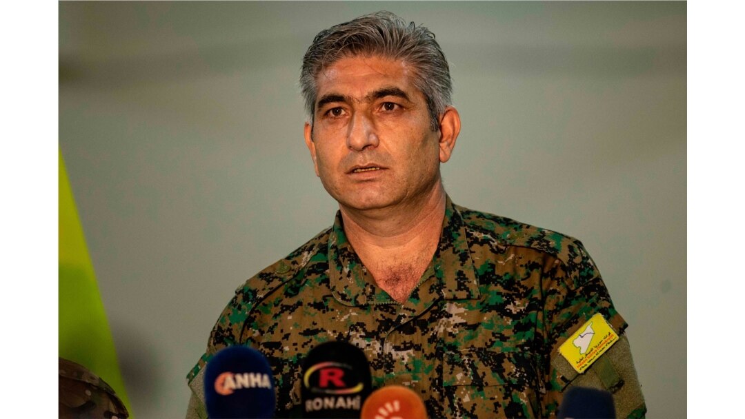 Redor Khalil, a Kurdish official in the Syrian Democratic Forces, speaks during a press conference in Hassakeh, Oct. 12, 2019.