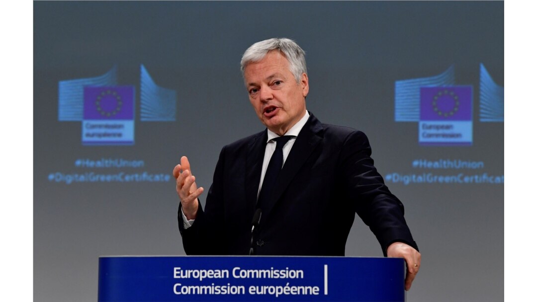 FILE - EU Justice Commissioner Didier Reynders speaks during a press conference at the EU headquarters in Brussels, Belgium, March 17, 2021.