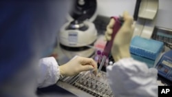 A medical staffer works with test systems for the diagnosis of coronavirus, at the Krasnodar Center for Hygiene and Epidemiology microbiology lab in Krasnodar, Russia, Feb. 4, 2020.