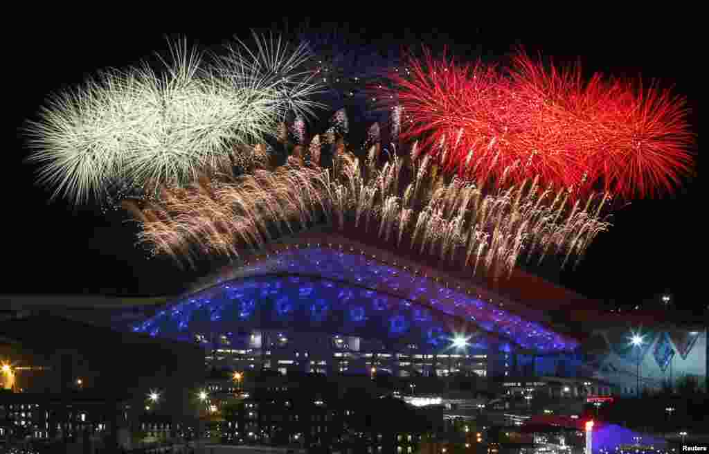 Fireworks are seen over the Olympic Park during the opening ceremony of the Sochi 2014 Winter Olympics, Feb. 7, 2014.