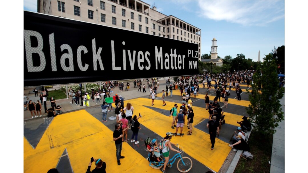 A street sign of Black Lives Matter Plaza is seen near St. John's Episcopal Church, as the protests against the death in Minneapolis police custody of George Floyd continue, in Washington, U.S., June 5, 2020.