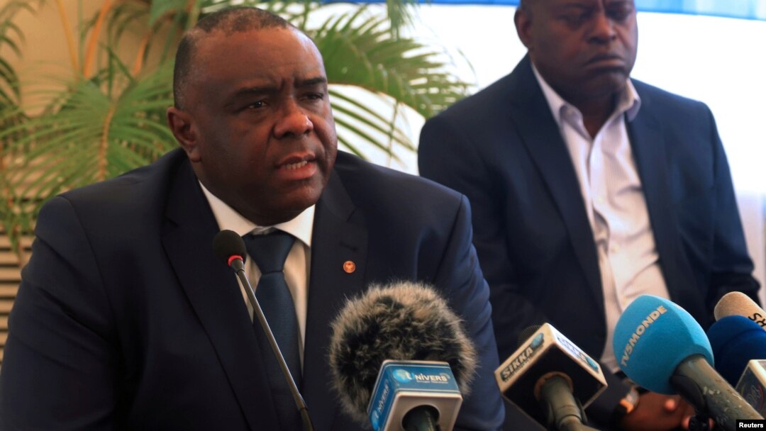 FILE - Congolese opposition leader Jean-Pierre Bemba of the Movement for the Liberation of the Congo (MLC) addresses a news conference in Kinshasa, Democratic Republic of Congo, Aug. 3, 2018. 