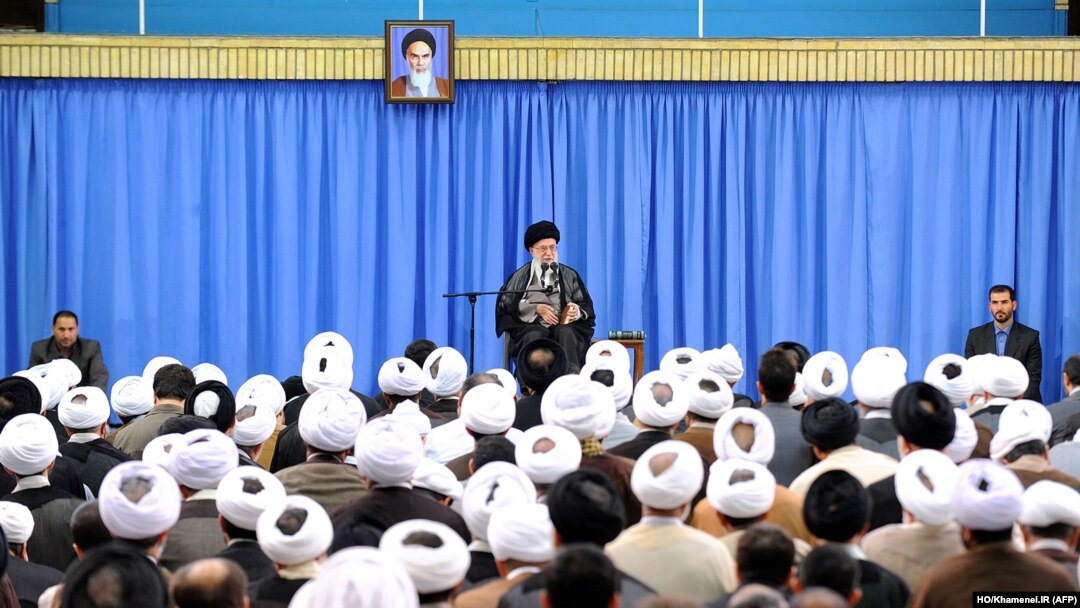 A handout picture released by the official website of the Center for Preserving and Publishing the Works of Iran's Supreme Leader Ayatollah Ali Khamenei, shows him delivering a speech in Tehran, Sept. 27, 2015. 