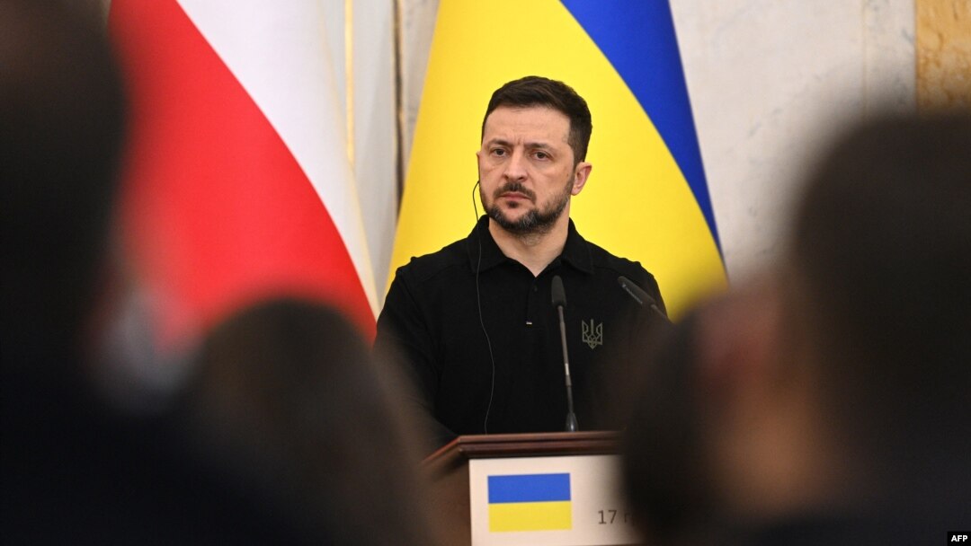 Ukraine's President Volodymyr Zelenskyy looks on during a joint press conference with Poland's prime minister in Lviv, on Dec. 17, 2024.