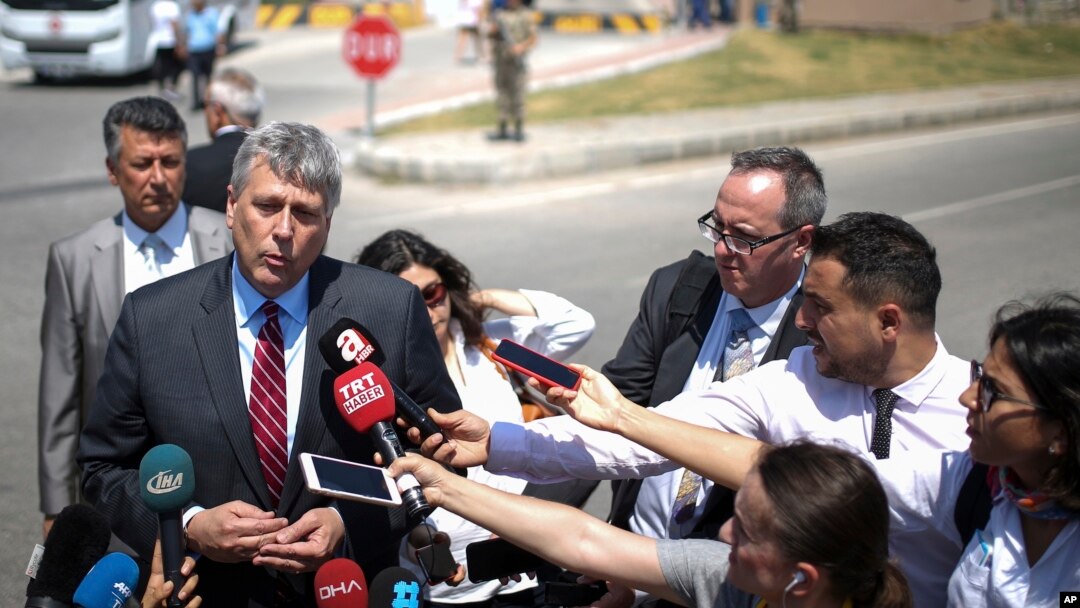 Philip Kosnett, the U.S. Embassy Charge d'Affaires, talks to members of the media after attending the trial of jailed U.S. pastor Andrew Craig Brunson at a court inside the prison in Aliaga, Izmir province, July 18, 2018.