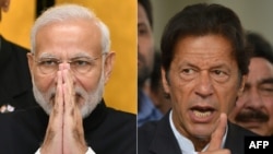FILE - This combination of file pictures shows, left, India's Prime Minister Narendra Modi on an official visit to Tokyo, Oct. 29, 2018, and, right, Pakistan's Imran Khan speaks to the media in Islamabad, Nov. 3, 2016.