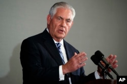 FILE - Secretary of State Rex Tillerson speaks at a press briefing during the United Nations General Assembly in New York, Sept. 20, 2017.