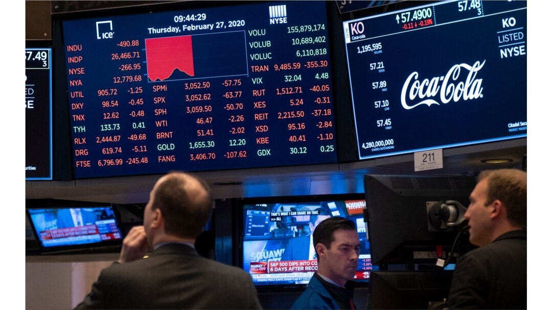 Stocks reflect declines on monitors as people work on the floor of the New York Stock Exchange, Feb. 27, 2020.