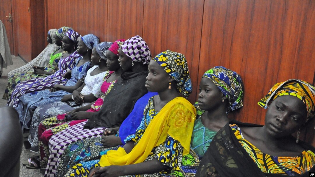 Some of the escaped kidnapped girls of the government secondary school Chibok, attend a meeting with Borno state governor, Kashim Shettima, in Maiduguri, Nigeria, June 2, 2014. 