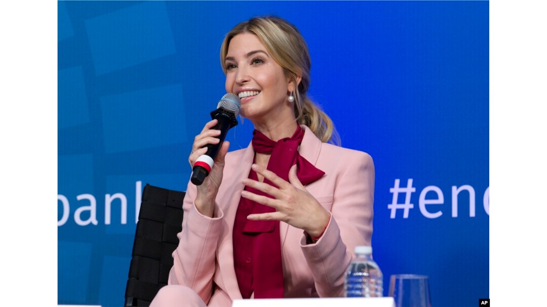 FILE - White House senior adviser Ivanka Trump speaks at the forum Taking Women-Owned Business to the Next Level, on the sidelines of the World Bank/IMF annual meetings in Washington, Oct. 14, 2017.