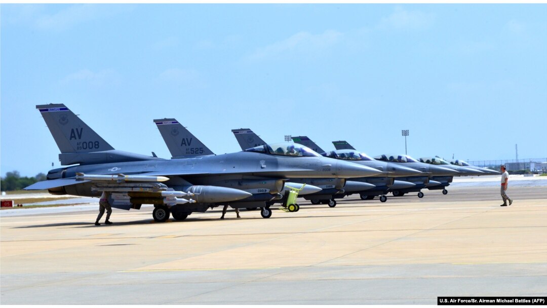 FILE - Six U.S. F-16 Fighting Falcons from Aviano Air Base, Italy, arrive at Incirlik Air Base, Turkey, to take part in anti-Islamic State missions, Aug. 9, 2015.