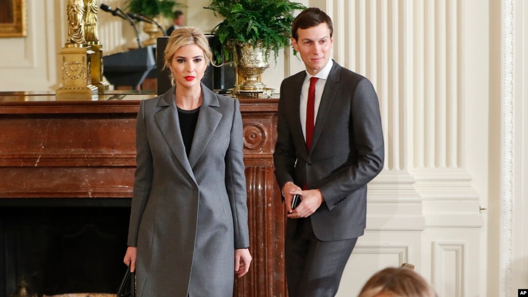 FILE - Ivanka Trump, daughter of President Donald Trump and her husband, senior adviser Jared Kushner, arrive in the East Room of the White House in Washington, Feb. 15, 2017.