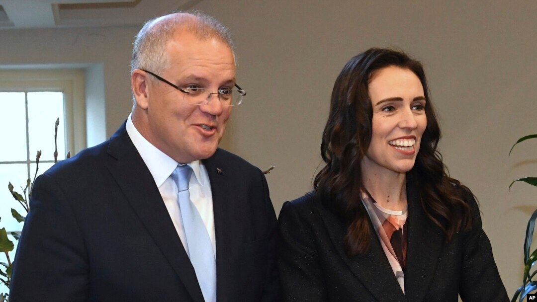 New Zealand's Prime Minister Jacinda Ardern, right, and Australian Prime Minister Scott Morrison in Melbourne, Australia, July 19, 2019. Their countries are tackling online extremism and the threat of radicalization on the internet.