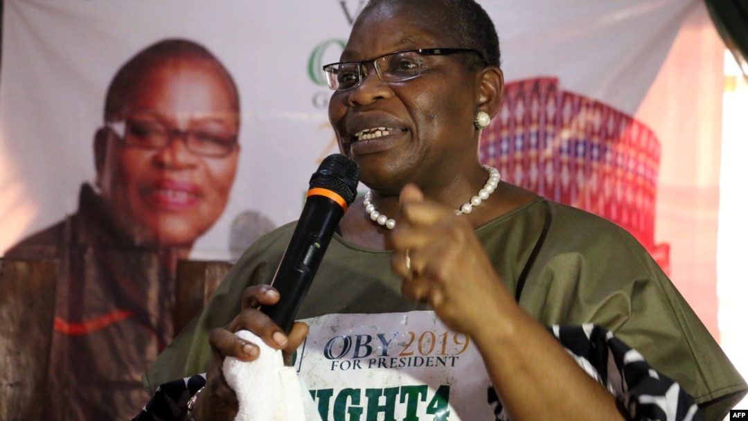 FILE - ACPN (Allied Congress Party of Nigeria) female presidential candidate Oby Ezekwesili speaks during a campaign in Kaduna, Jan. 17, 2019. 