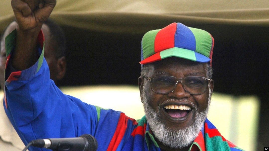 FILE - Namibian and ruling Swapo party President Sam Nujoma speaks during an election rally in Windhoek, Namibia, Nov. 13, 2004. 
