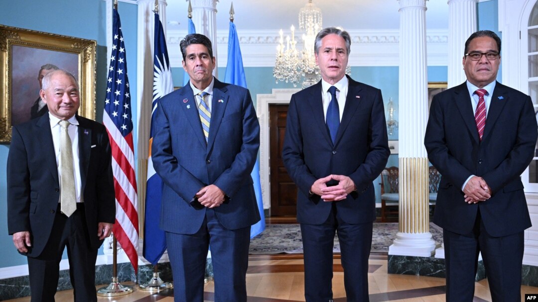 FILE - US Secretary of State Antony Blinken, second from right, speaks to the press with Marshall Islands Minister for Foreign Affairs and Trade Jack Ading, Federated States of Micronesia President Wesley Simina and Palau President Surangel Whipps, Sept. 26, 2023, in Washington.