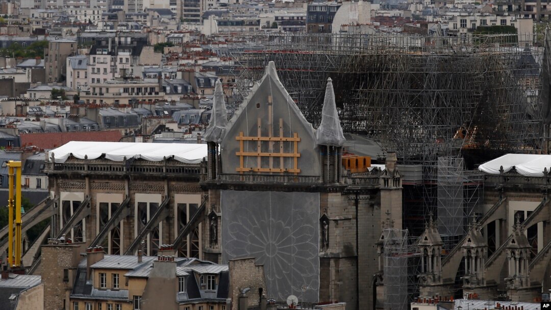 View of Notre Dame Cathedral from the top of the Tour Saint Jacques, in Paris, May 31, 2019.