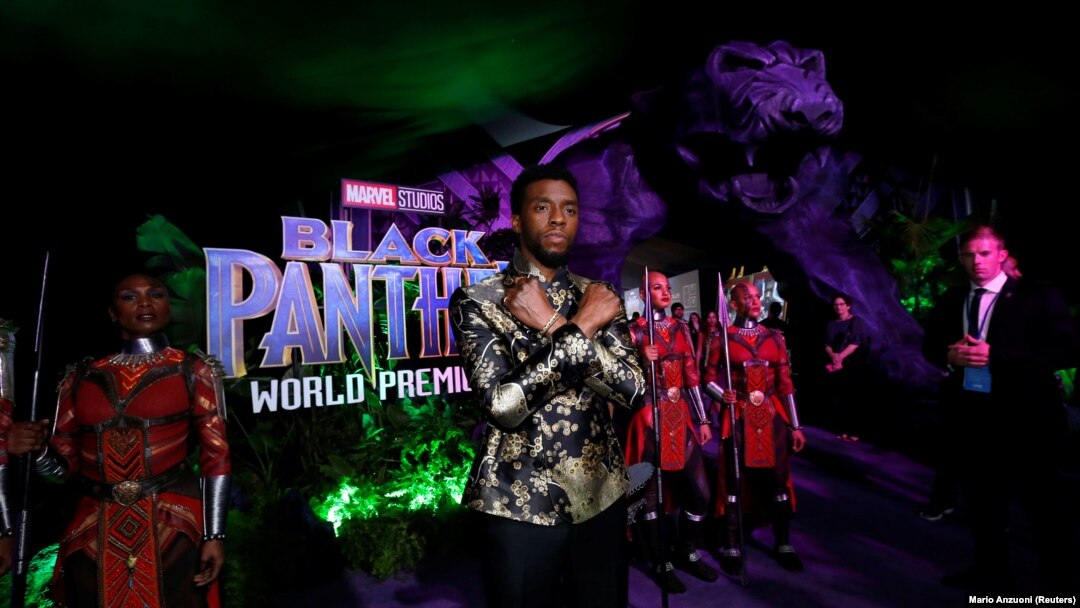 FILE - Cast member Chadwick Boseman poses at the premiere of "Black Panther" in Los Angeles, California, Jan. 29, 2018. 