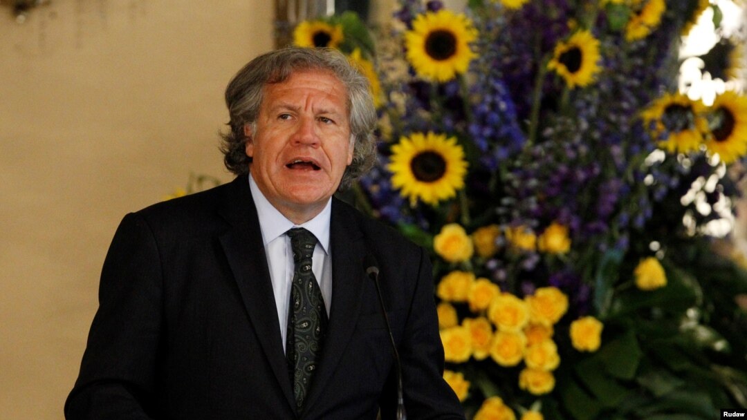 FILE - Organization of American States (OAS) Secretary-General Luis Almagro addresses the audience during an official visit to Honduras, in Tegucigalpa, Jan. 17, 2017.
