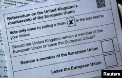 FILE - An illustration of postal ballot papers in London ahead of the June 23 referendum in which voters will decide whether Britain is to remain in the European Union, June 1, 2016.