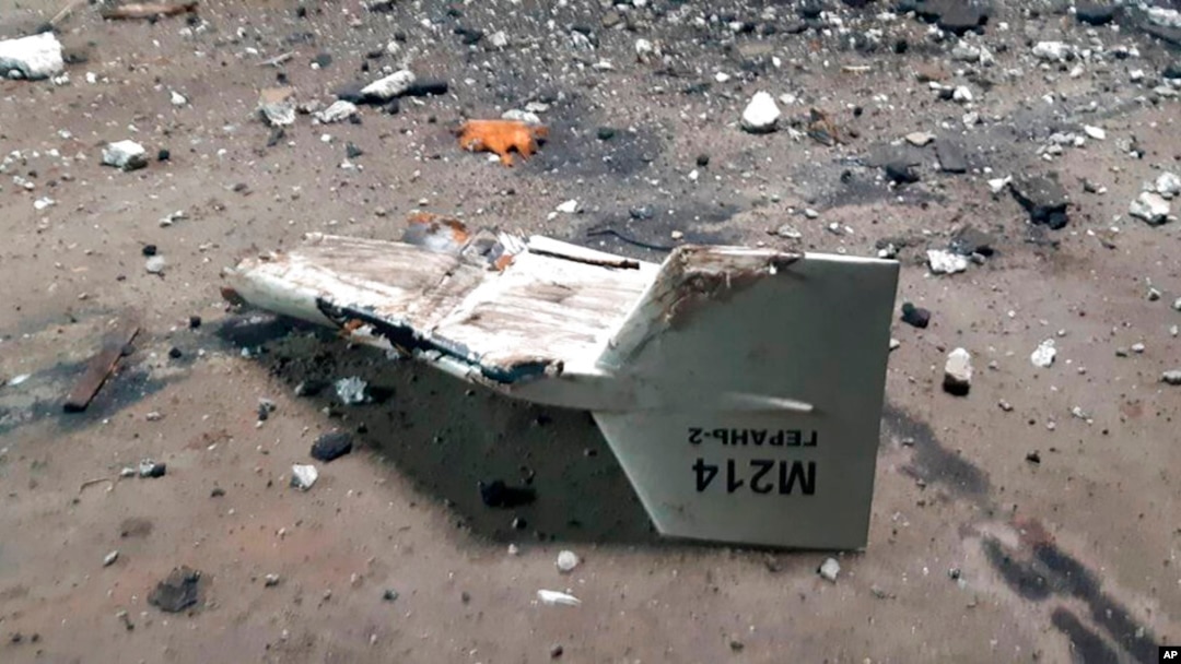 FILE - This undated photo released by the Ukrainian military's Strategic Communications Directorate shows what Kyiv described as an Iranian Shahed drone downed near Kupiansk, Ukraine. The U.S. has expressed alarm over a "full-scale defense partnership" between Russia and Iran.