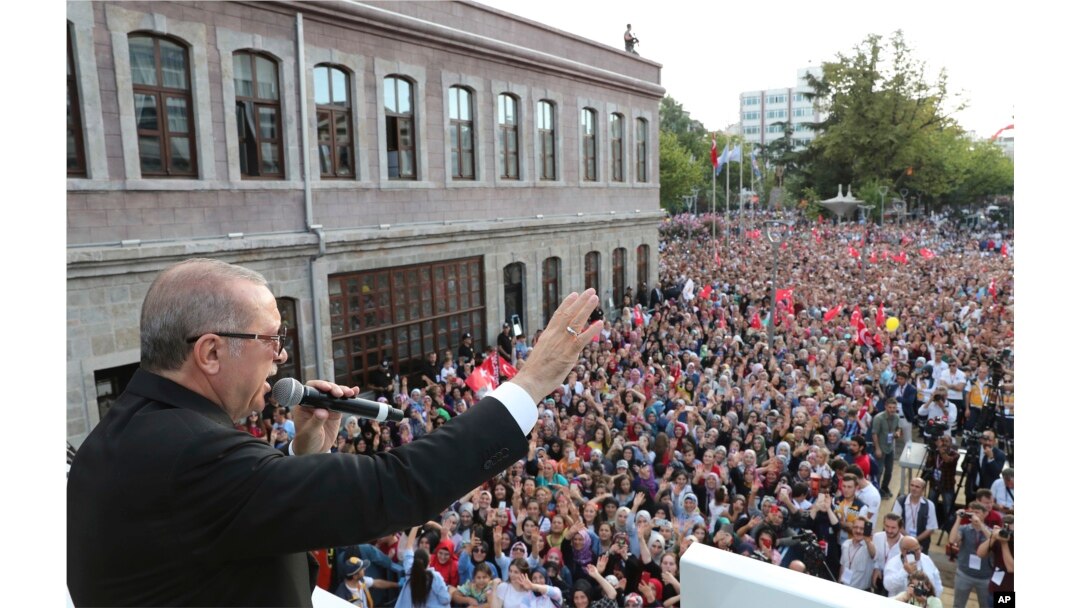 Turkey's President Recep Tayyip Erdogan addresses his supporters in Black Sea city of Trabzon, Turkey, Aug. 12, 2018.