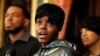 Fredricka Gray, center, the twin sister of Freddie Gray, speaks during a media availability at City Hall, after violence occurred after a march for Freddie Gray, April 25, 2015 in Baltimore. 