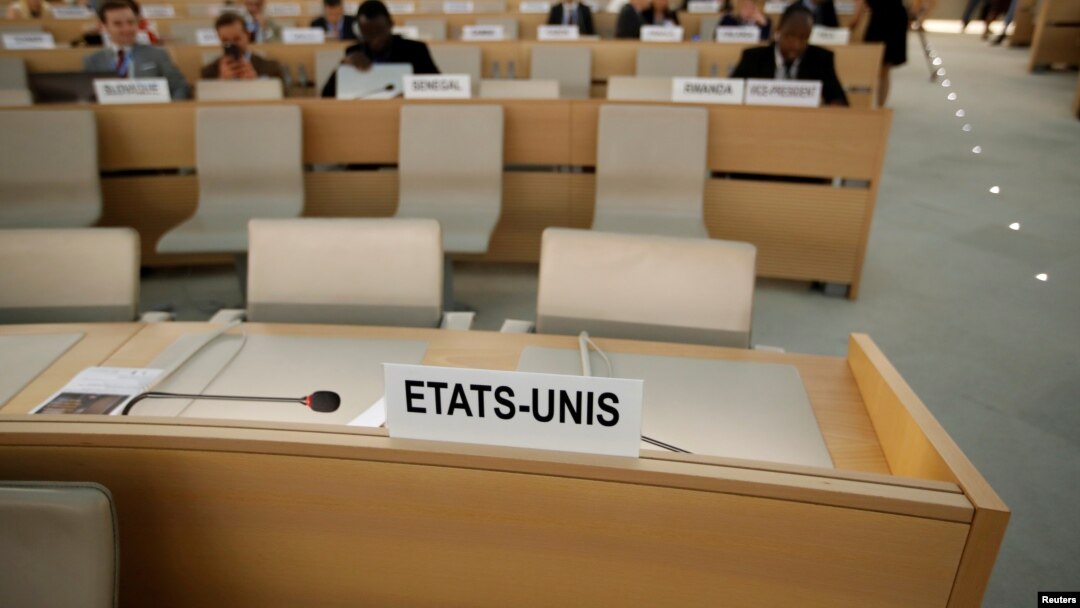 Empty seats of the United States delegation are pictured one day after the U.S. announced their withdraw during a session of the Human Rights Council at the United Nations in Geneva, Switzerland, June 20, 2018. 