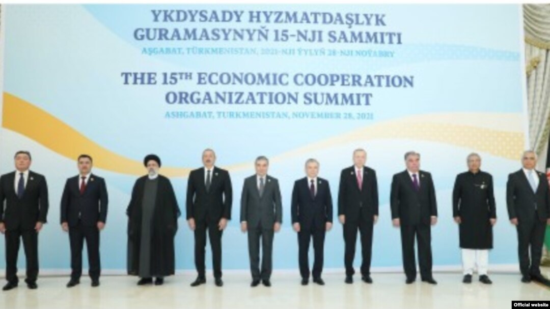 Participants of the 15th Economic Cooperation Organization Summit stand for a group photo in Ashgabat, Turkmenistan, Nov. 28, 2021. (Source: Turkmenistan Foreign Ministry website mfa.gov.tm)