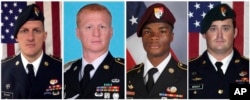 A combination photo of U.S. Army Special Forces Sergeant Jeremiah Johnson (L to R), U.S. Special Forces Sgt. Bryan Black, U.S. Special Forces Sgt. Dustin Wright and U.S. Special Forces Sgt. La David Johnson killed in Niger, West Africa.
