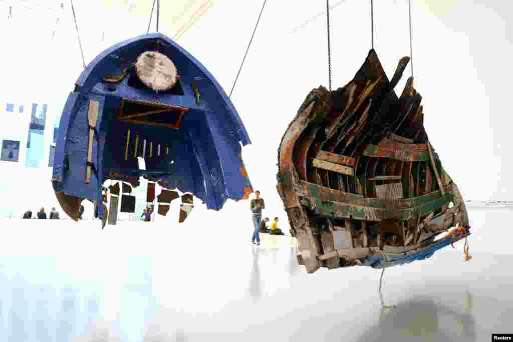 Remnants of boats used by refugees and recovered at Greek coasts are displayed as part of a project by Mexican artist Guillermo Galindo ahead of the opening of Germany's biggest art fair "Documenta 14" in Kassel, German, June 7, 2017.