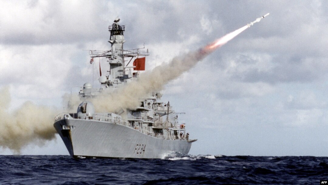 In this handout picture retrieved on Feb. 10, 2016 from the British Ministry of Defense via Defense News Imagery the British Royal Navy Type 23 frigate, HMS Iron Duke, is pictured at sea firing her Harpoon anti-ship missile system.