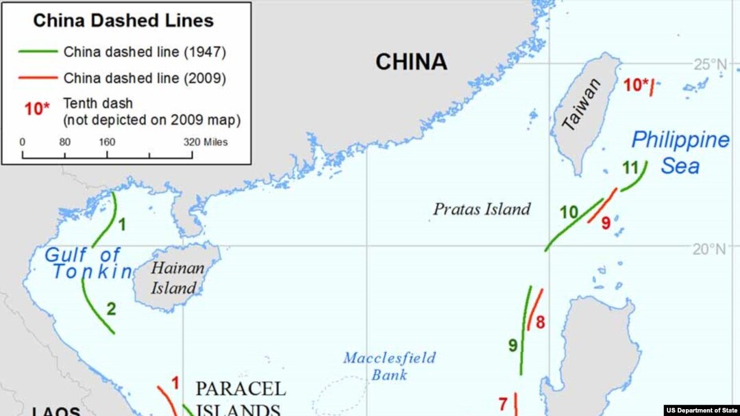 A map showing differences in China's maritime claims in the South China Sea, based on maps created by China in 1947 and 2009.