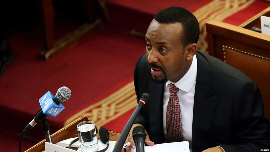 FILE - Ethiopia's Prime Minister Abiy Ahmed addresses the members of parliament inside the House of Peoples' Representatives in Addis Ababa, Ethiopia, April 19, 2018. 