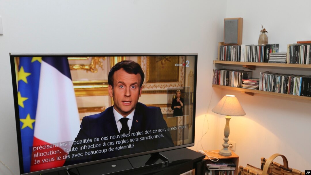 French President Emmanuel Macron speaks during a television address, Monday, March 16, 2020 in Ciboure, southwestern France.