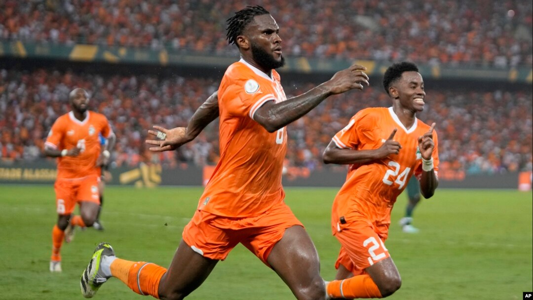 Ivory Coast 's Franck Kessie celebrates after scoring his side's first goal during the African Cup of Nations final soccer match between Ivory Coast and Nigeria, at the Olympic Stadium of Ebimpe in Abidjan, Ivory Coast, Feb. 11, 2024.