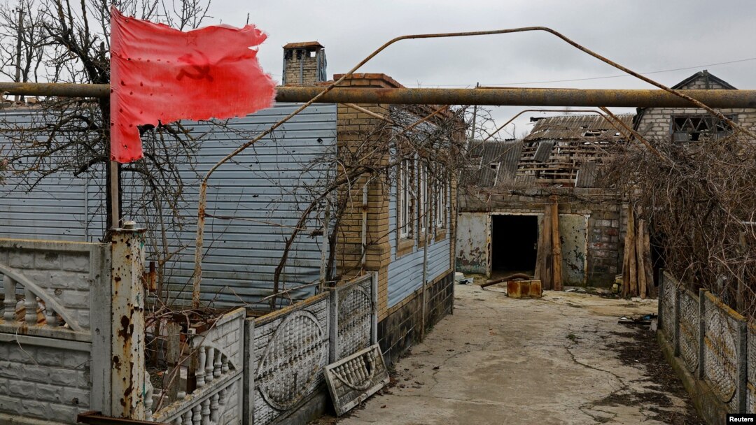 Houses are left heavily damaged in the village of Shyrokyne, Donetsk region, Russian-controlled Ukraine, Feb. 16, 2024.