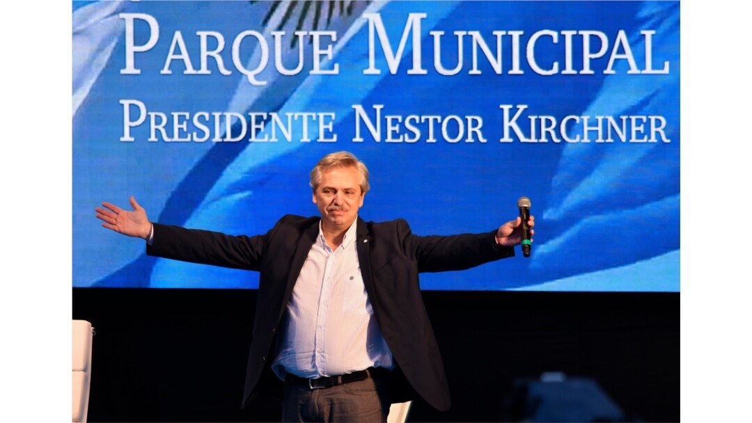 FILE - Argentine presidential candidate Alberto Fernandez acknowledges the audience during a campaign rally in Buenos Aires. May 25, 2019.