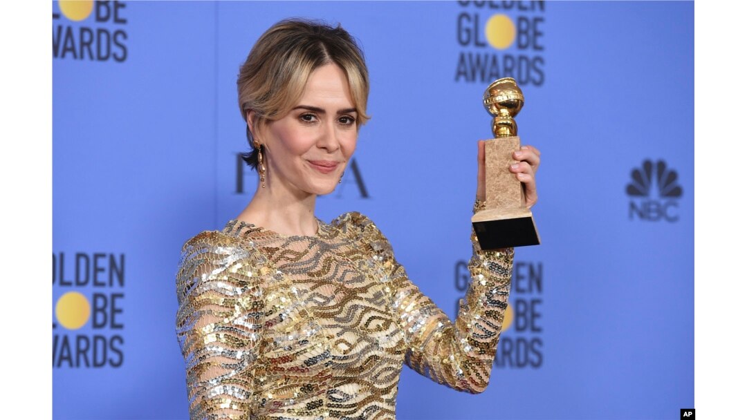 Sarah Paulson poses in the press room with the award for best performance by an actress in a limited series or a motion picture made for television for "The People v. O.J. Simpson: American Crime Story" at the 74th annual Golden Globe Awards at the Beverly Hilton Hotel on Sunday, Jan. 8, 2017, in Beverly Hills, Calif.