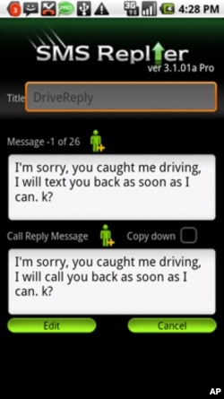 Example of an auto-reply message using Iconosys Inc.'s SMS Replier™ Smartphone app.